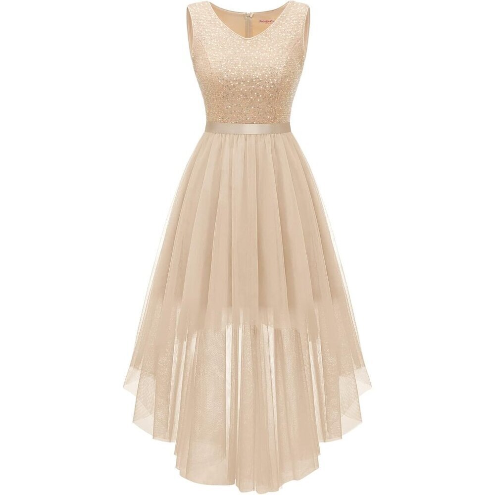 BeryLove Women Tulle Champagne Navy Chiffon Scoop Neck Sleeveless Cocktail Dress